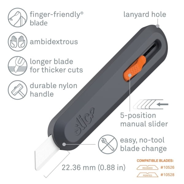 Cutter clasic, cu lama ceramica, retractabila in 5 pozitii Slice Manual Utility Knife, pentru deschiderea, decuparea sau taierea cutiilor de carton, ambalajelor din plastic, a cablurilor sau a mochetei