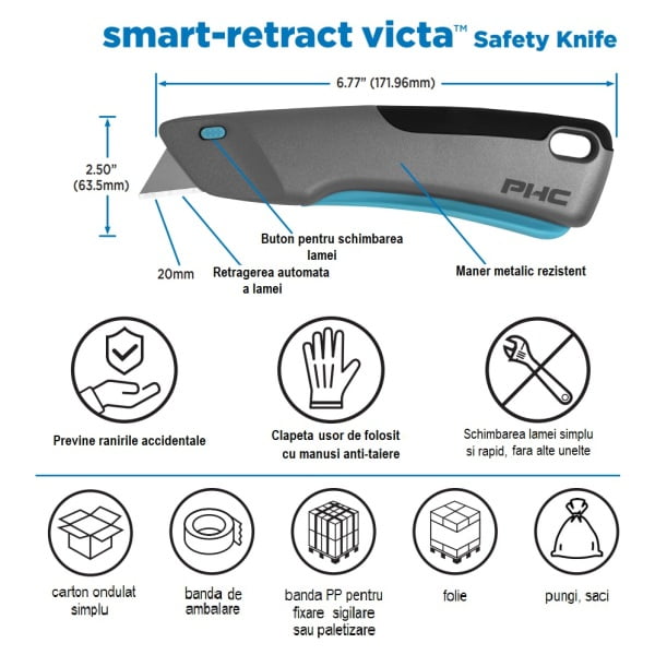 Cutter cu lama din otel-carbon, autoretractabila, VICTA smart-retract safety knife, maner metalic si lama inteligenta ce se retrage imediat ce lama pierde contactul cu materialul de taiat
