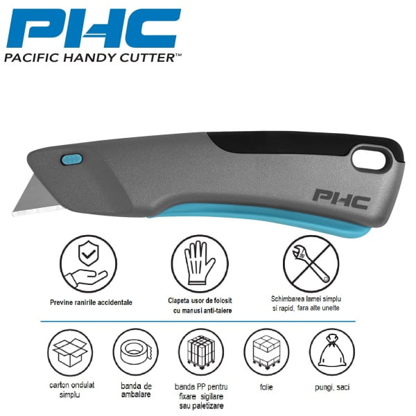 Cutter cu lama din otel-carbon, autoretractabila, VICTA smart-retract safety knife, maner metalic si lama inteligenta ce se retrage imediat ce lama pierde contactul cu materialul de taiat