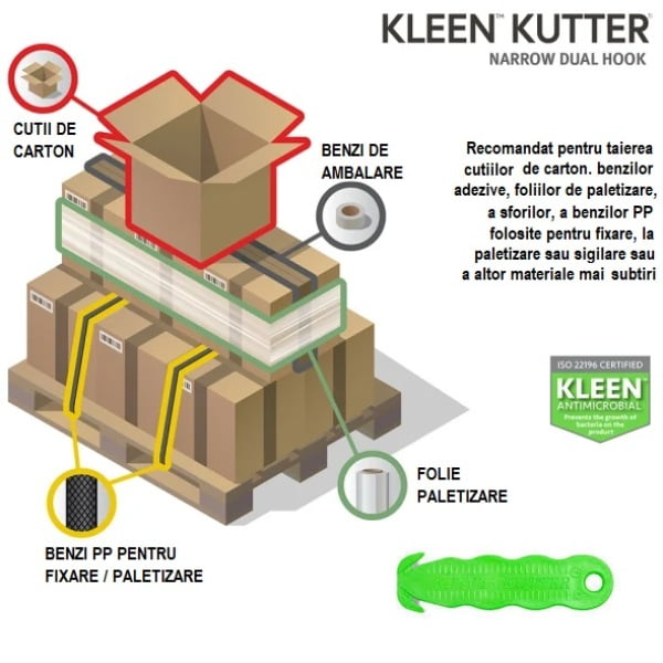Cutter profesional pentru taierea ambalajelor, Klever KLEEN ™ Kutter, verde, lama din otel,  incorporata, in maner, pentru protectia mainilor utilizatorului, maner ergonomic, ISO 22196, tratat KLEEN™ Antimicrobial