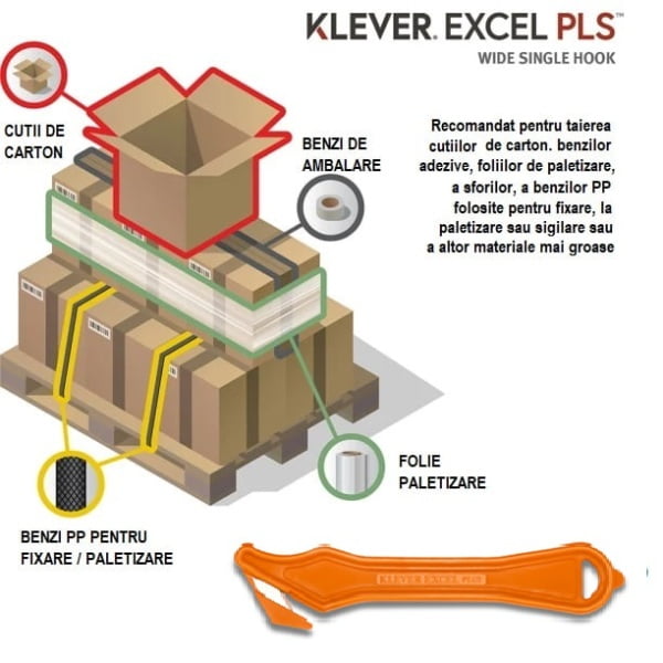 Cutter profesional pentru taierea ambalajelor mai groase, Klever Excel PLUS, portocaliu, lama din otel-carbon, incorporata in maner, ergonomic si rezistent