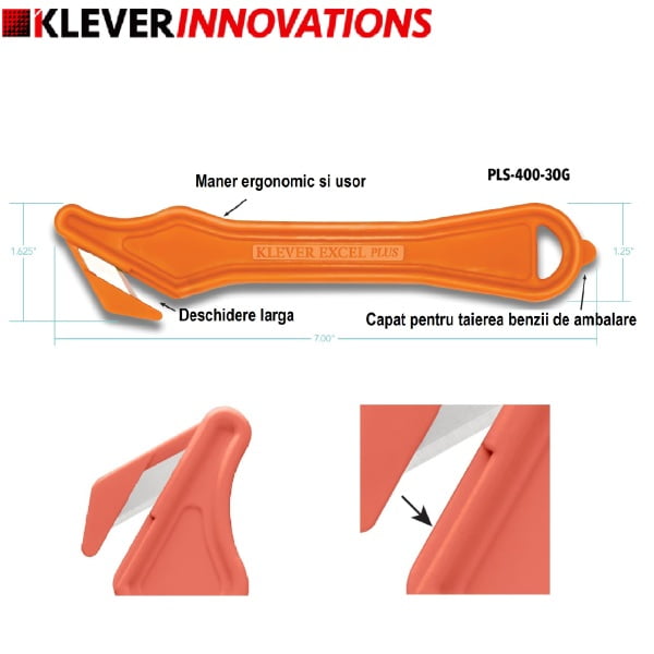 Cutter profesional pentru taierea ambalajelor mai groase, Klever Excel PLUS, portocaliu, lama din otel-carbon, incorporata in maner, ergonomic si rezistent