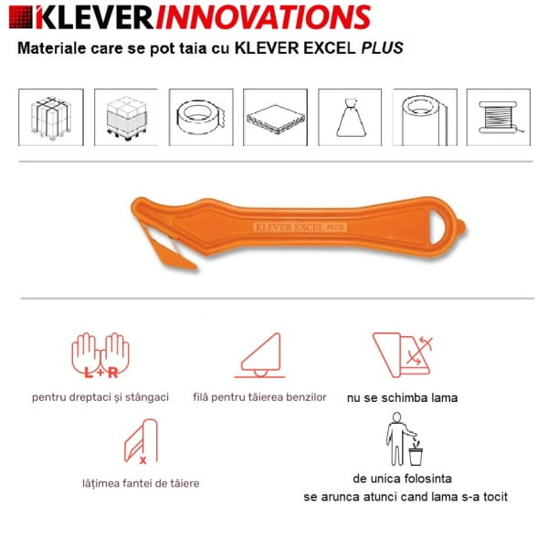 Cutter profesional pentru taierea ambalajelor mai groase, Klever Excel PLUS, portocaliu, lama din otel-carbon, incorporata in maner, ergonomic si rezistent