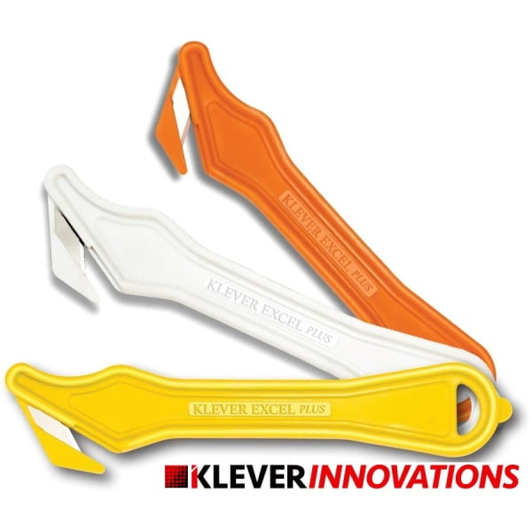 Cutter profesional pentru taierea ambalajelor mai groase, Klever Excel PLUS, portocaliu, lama din otel-carbon, incorporata in maner, ergonomic si rezistent