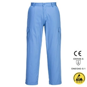 Pantaloni ESD, antistatici,  AS11, albastru deschis (Hamilton), usori si confortabili, 65% poliester, 34% bumbac, 1% fibra Carbon 210g/m², certificati EN 1149 -5, IEC 61340-5-1