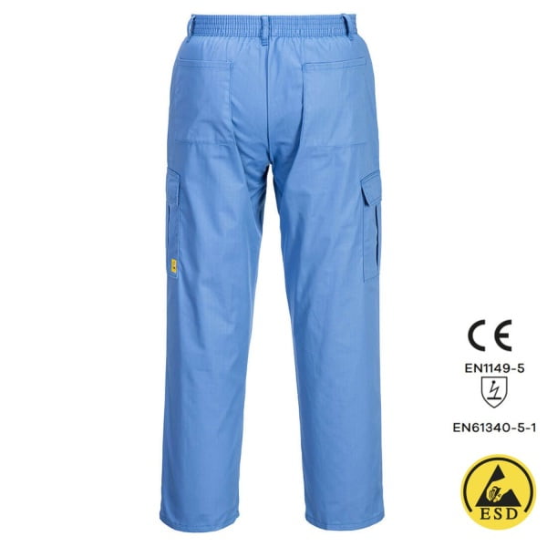 Pantaloni ESD, antistatici,  AS11, albastru deschis (Hamilton), usori si confortabili, 65% poliester, 34% bumbac, 1% fibra Carbon 210g/m², certificati EN 1149 -5, IEC 61340-5-1