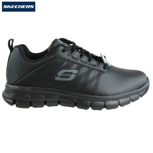 Pantofi ocupationali OB E FO, SRC, model sport pentru femei, SKECHERS SURE TRACK - ERATH. negri, din piele neteda moale, talpa usoara, flexibila,anti-alunecare, care absoarbe socurile