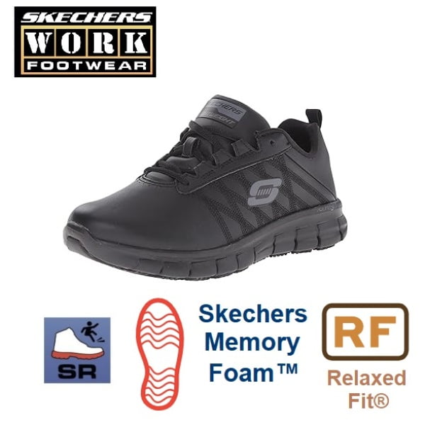 Pantofi ocupationali OB E FO, SRC, model sport pentru femei, SKECHERS SURE TRACK - ERATH. negri, din piele neteda moale, talpa usoara, flexibila,anti-alunecare, care absoarbe socurile