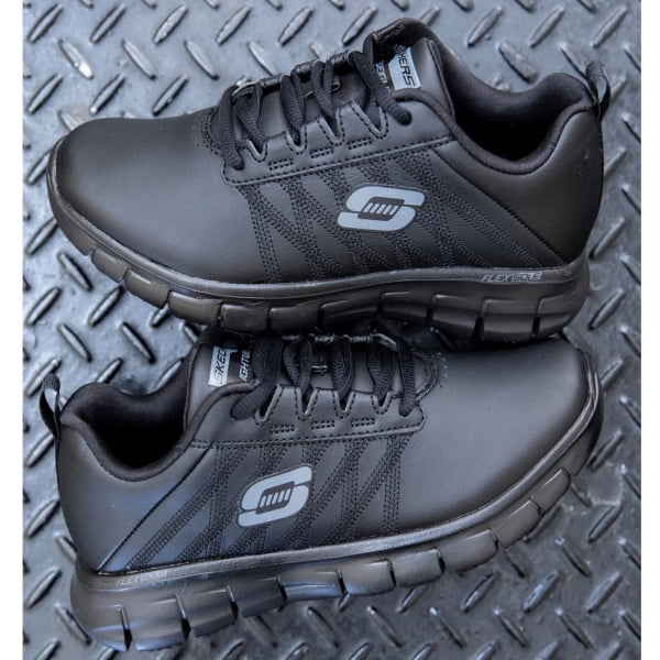 Pantofi ocupationali OB E FO, SRC, model sport pentru femei, SKECHERS SURE TRACK - ERATH. negri, din piele neteda moale, talpa usoara, flexibila,anti-alunecare, care absoarbe socurile