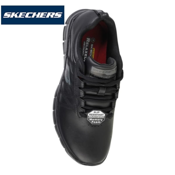 Pantofi ocupationali OB E FO, SRC, model sport pentru femei, SKECHERS SURE TRACK - ERATH. negri, din piele neteda moale, talpa usoara, flexibila,anti-alunecare, care absoarbe socurile