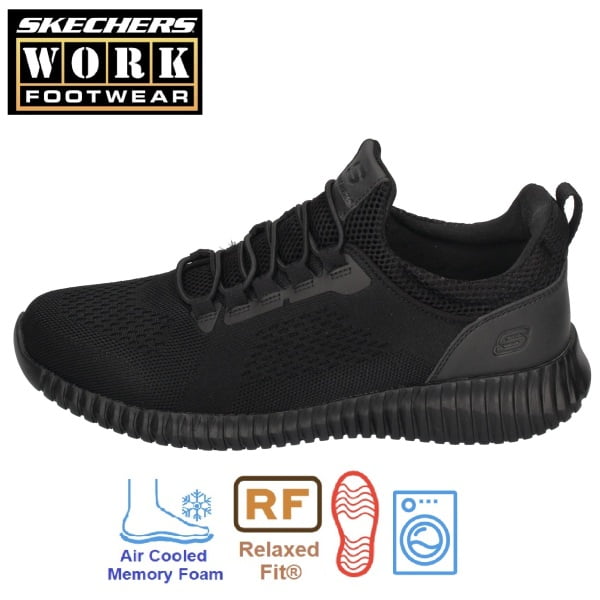 Pantofi ocupationali OB FO, SRC,  pentru barbati, SKECHERS Cessnock SR, negri, Relaxed Fit - constructie larga, brant Cooled Air Memory Foam si talpa groasa, anti-alunecare