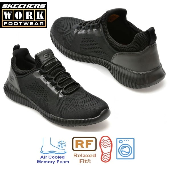 Pantofi ocupationali OB FO, SRC,  pentru barbati, SKECHERS Cessnock SR, negri, Relaxed Fit - constructie larga, brant Cooled Air Memory Foam si talpa groasa, anti-alunecare