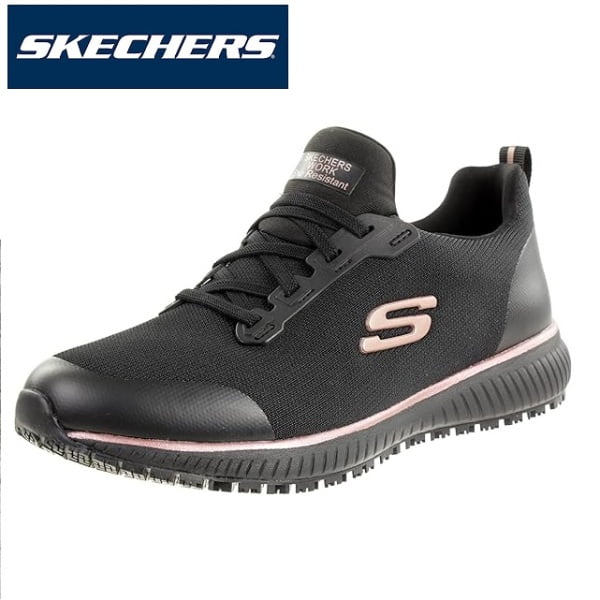 Pantofi ocupationali OB E FO, SRC, model sport pentru femei, SKECHERS SQUAD SR, negru-roz, din material textil, acoperit cu TPU,, brant Memory Foam si talpa usoara, flexibila, anti-alunecare, care absoarbe socurile