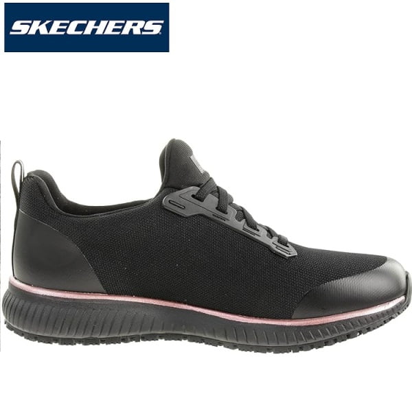 Pantofi ocupationali OB E FO, SRC, model sport pentru femei, SKECHERS SQUAD SR, negru-roz, din material textil, acoperit cu TPU,, brant Memory Foam si talpa usoara, flexibila, anti-alunecare, care absoarbe socurile