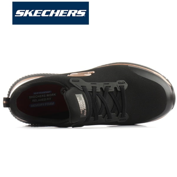 Pantofi ocupationali OB E FO, SRC, model sport pentru femei, SKECHERS SQUAD SR, negru-roz, din material textil, acoperit cu TPU,, brant Memory Foam si talpa usoara, flexibila, anti-alunecare, care absoarbe socurile