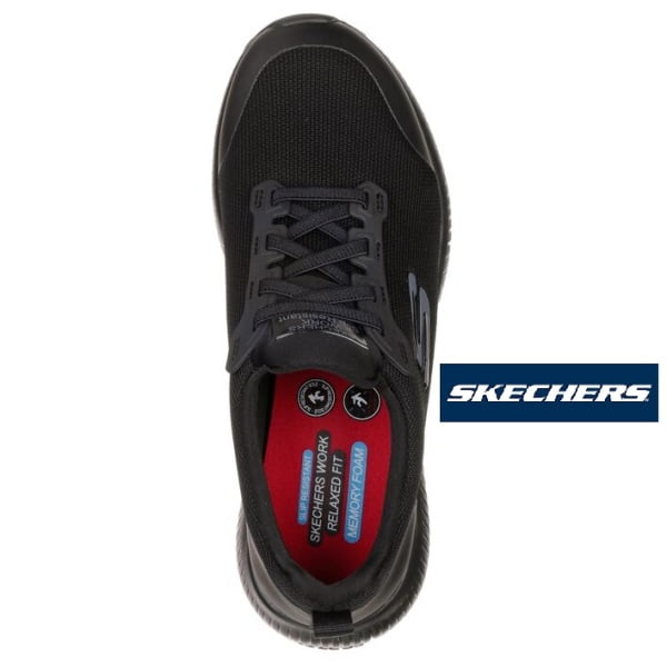 Pantofi ocupationali OB E FO, SRC, model sport pentru femei, SKECHERS SQUAD SR, negru-roz, din material textil, acoperit cu TPU,, brant Memory Foam si talpa usoara, flexibila, anti-alunecare, care absoarbe socurile