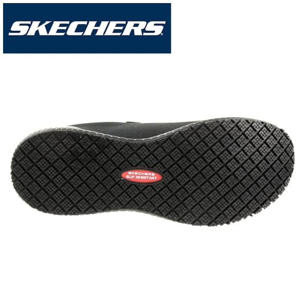 Pantofi ocupationali OB E FO, SRC, model sport pentru femei, SKECHERS SQUAD SR, negru-roz, din material textil, acoperit cu TPU,, brant Memory Foam si talpa usoara, flexibila, anti-alunecare, care absoarbe socurile