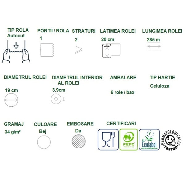 Rola prosop de hartie Autocut, E-Tissue, hartie reciclata, 2 straturi, bej, 285m, 6 role / bax, Celtex Master Time 40285, compatibila cu dispenser CE92680