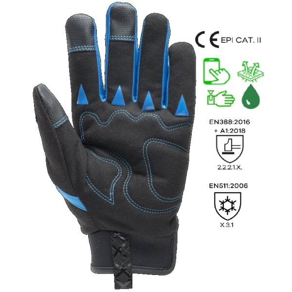 Manusi de protectie pentru iarna sau medii cu temperaturi scazute, EUROWINTER MX100, negru-albastru, captusita, impermeabila, respirabila, functie ecrane tactile