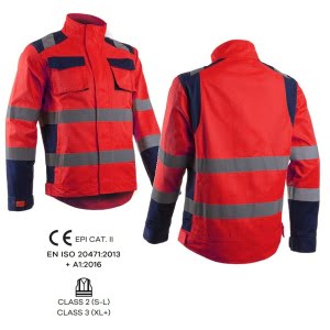 Jachetă HI-Viz Hibana, Clasa 2, rosu neon-albastru inchis, inalta vizibilitate - benzi reflectorizante, confortabila - insertii elastice, spate alungit pentru protectie