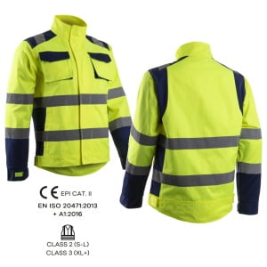 Jachetă HI-Viz Hibana, Clasa 2, galben neon-albastru inchis, inalta vizibilitate - benzi reflectorizante, confortabila - insertii elastice, spate alungit pentru protectie