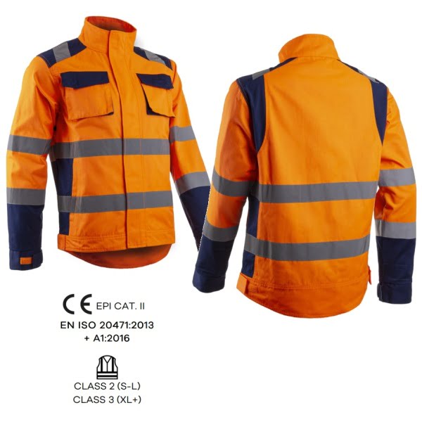 Jachetă HI-Viz Hibana, Clasa 2, portocaliu neon-albastru inchis, inalta vizibilitate - benzi reflectorizante, confortabila - insertii elastice, spate alungit pentru protectie