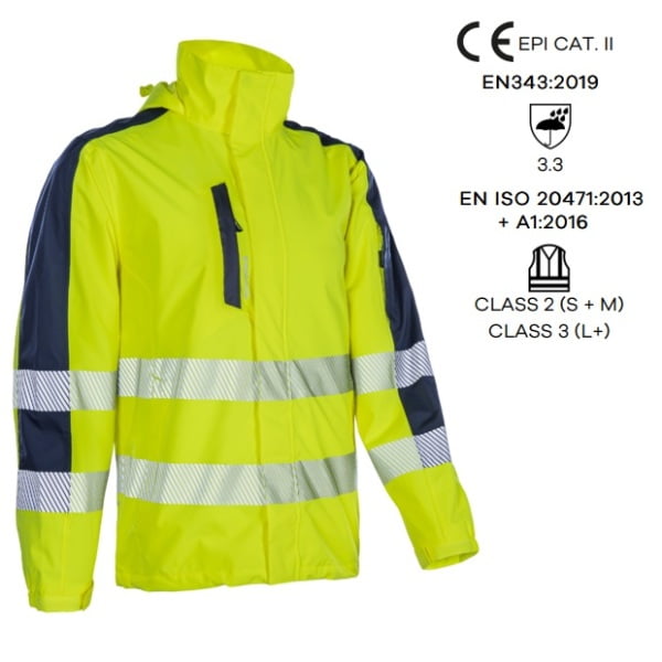 Jacheta impermeabila HI-Viz, pentru ploaie si vant, Hotaru, vizibilitate ridicata, galben fluorescent-albastru, benzi reflectorizante, impermeabilitate 8000 mm, respirabilitate 5000 g/m²/24h