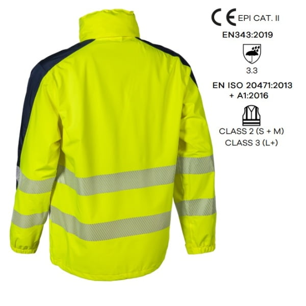 Jacheta impermeabila HI-Viz, pentru ploaie si vant, Hotaru, vizibilitate ridicata, galben fluorescent-albastru, benzi reflectorizante, impermeabilitate 8000 mm, respirabilitate 5000 g/m²/24h