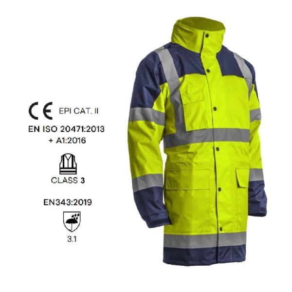 Jacheta impermeabila HI-Viz, pentru conditii de ploaie si vant, Hydra, vizibilitate ridicata, galben fluorescent-albastru, benzi reflectorizante, material Oxford impregnat cu PU, Coverguard