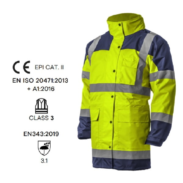 Jacheta impermeabila HI-Viz, pentru conditii de ploaie si vant, Hydra, vizibilitate ridicata, galben fluorescent-albastru, benzi reflectorizante, material Oxford impregnat cu PU, Coverguard