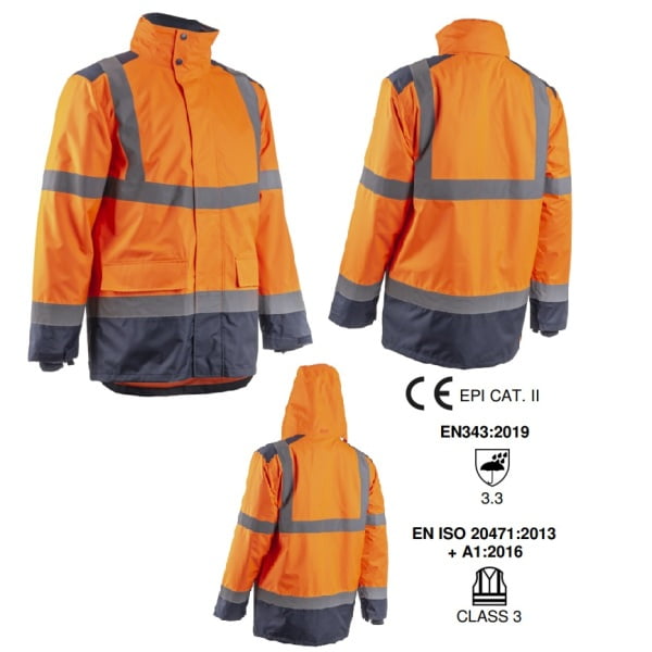 Jacheta impermeabila HI-Viz, de ploaie si vant, Kazan, portocaliu fluorescent-albastru, benzi reflectorizante, se poate purta peste jacheta sau geaca, impermeabilitate 8000 mm, respirabilitate 5000 g/m²/24h