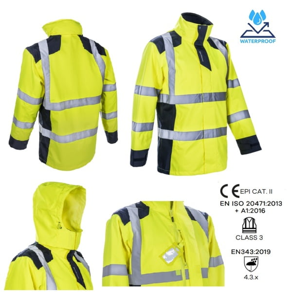 Jacheta impermeabila HI-Viz, de ploaie si vant, SANGAKU, galben-albastru, benzi reflectorizante, se poate purta peste jacheta sau geaca, impermeabilitate 8000 mm, respirabilitate 5000 g/m²/24h