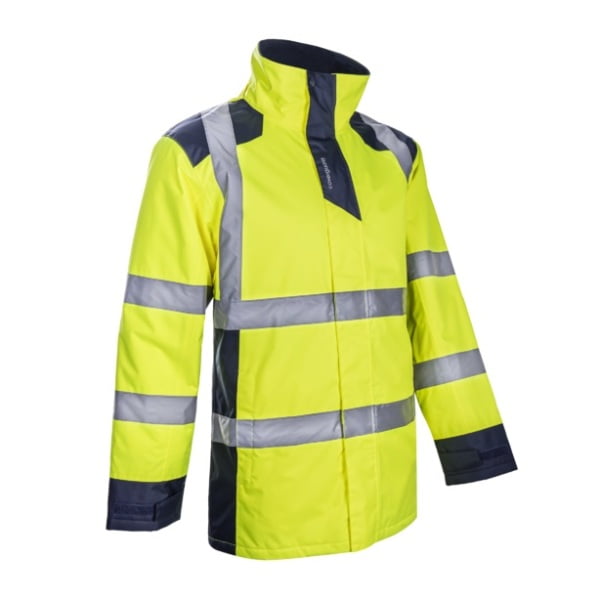 Geaca de iarna, impermeabila, HI-Viz, SOKOBIE, galben-albastru, cu captuseala Sorona, protectie la temperaturi scazute, ploaie si vant, benzi reflectorizante