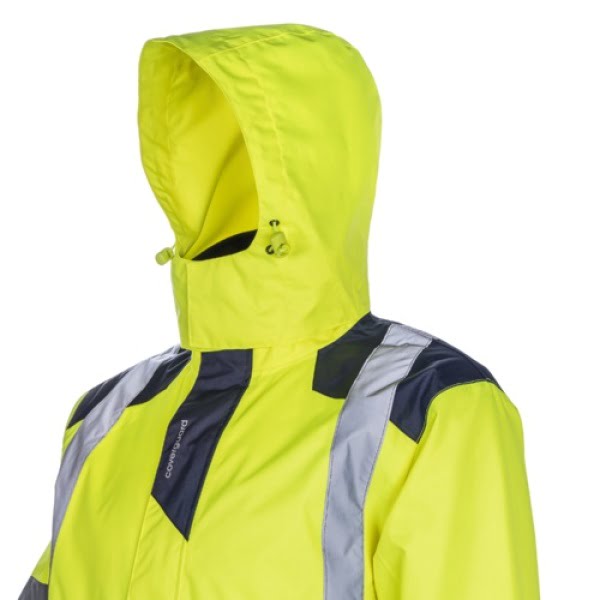 Geaca de iarna, impermeabila, HI-Viz, SOKOBIE, galben-albastru, cu captuseala Sorona, protectie la temperaturi scazute, ploaie si vant, benzi reflectorizante
