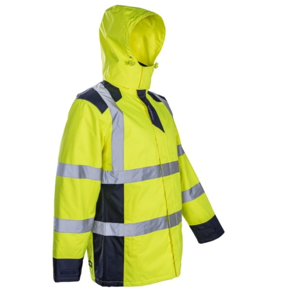 Geaca de iarna, impermeabila, HI-Viz, SOKOBIE, galben-albastru, cu captuseala Sorona, protectie la temperaturi scazute, ploaie si vant, benzi reflectorizante
