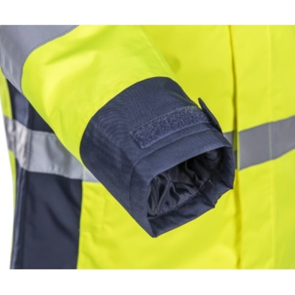 Geaca de iarna, impermeabila, HI-Viz, SOKOBIE, galben-albastru, cu captuseala Sorona, protectie la temperaturi scazute, ploaie si vant, benzi reflectorizante
