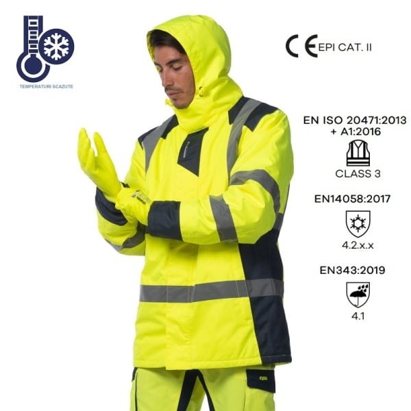 Geaca de iarna, impermeabila, HI-Viz, SOKOBIE, galben-albastru, cu captuseala Sorona, protectie la temperaturi scazute, ploaie si vant, benzi reflectorizante