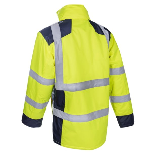 Geaca de iarna, impermeabila, HI-Viz, SOKOBIE, galben-albastru, cu captuseala Sorona, protectie la temperaturi scazute, ploaie si vant, benzi reflectorizante