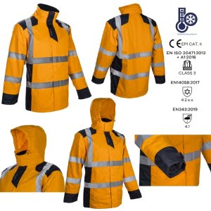 Geaca de iarna, impermeabila, HI-Viz, SOKOBIE, portocaliu-albastru, cu captuseala Sorona, protectie la temperaturi scazute, ploaie si vant, benzi reflectorizante