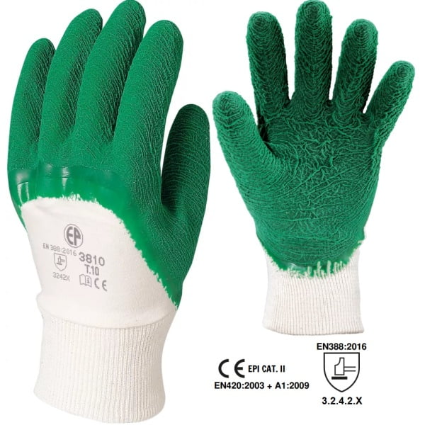 Manusi de protectie imersate in latex creponat 3/4, EUROSTRONG 3810, alb-verde, pentru manipulari generale si grele, uz intens, imersie groasa, antiderapanta