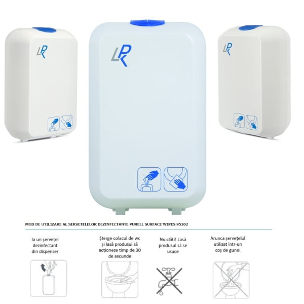 Dozator servetele dezinfectante pentru colac WC LPK 84004, pentru stergerea si dezinfectarea rapida a colacului de toaleta impotriva bacteriilor fungilor si virusilor, LPK 05003