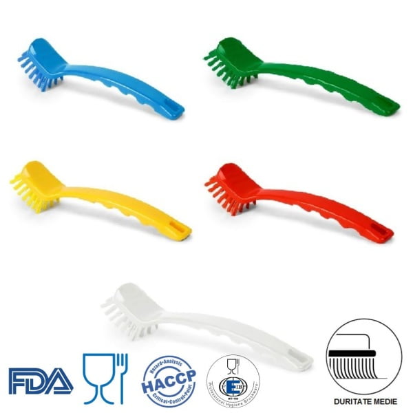 Perie de mana cu maner lung, IGEAX 1004 duritate medie, rosie, rezistenta la 121°C, pentru vesela, colturi sau spatii mici, autoclavare, pentru industria alimentara, certificare HACCP, FDA