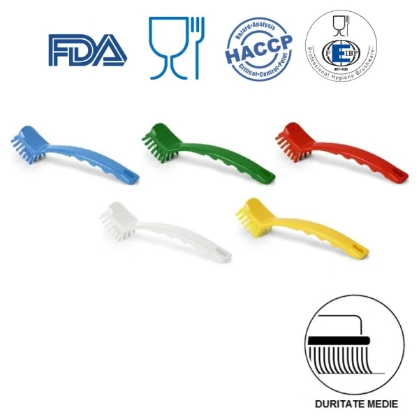 Perie de mana cu maner lung, IGEAX 1004 duritate medie, galbena, rezistenta la 121°C, pentru vesela, colturi sau spatii mici, autoclavare, pentru industria alimentara, certificare HACCP, FDA