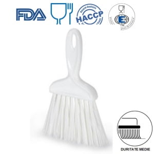 Matura de mana, cu maner scurt, peri lungi, duritate medie, alba, rezistenta la 121°C, margini, adancituri, colturi sau spatii mici, inguste, autoclavare, pentru industria alimentara, certificare HACCP, FDA