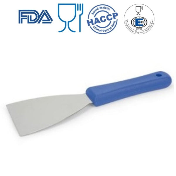 Spaclu cu maner albastru din polipropilena si lama din inox, pentru curatarea reziduurilor si crustelor de pe suprafete, in industria alimentara, latime 75 mm, rezistenta termica 80 °C, certificata HACCP, FDA