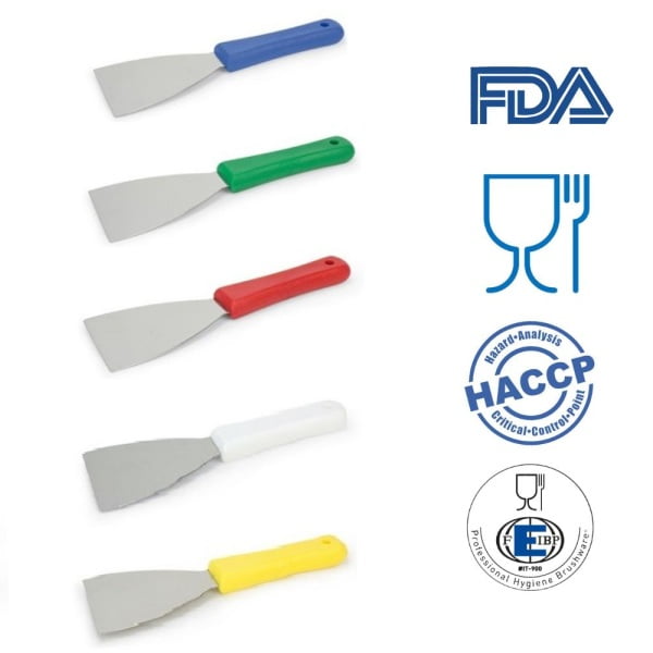 Spaclu cu maner albastru din polipropilena si lama din inox, pentru curatarea reziduurilor si crustelor de pe suprafete, in industria alimentara, latime 75 mm, rezistenta termica 80 °C, certificata HACCP, FDA