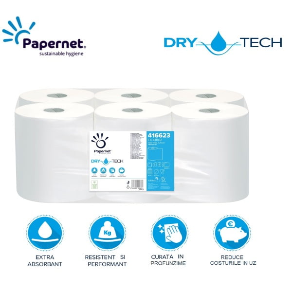 Rola prosop hartie Autocut, Papernet 416623, Dry Tech, alba, 2 straturi, celuloza pura, 100m, 6role/bax, certificat pentru industria alimentara, Food Contact, Ecolabel
