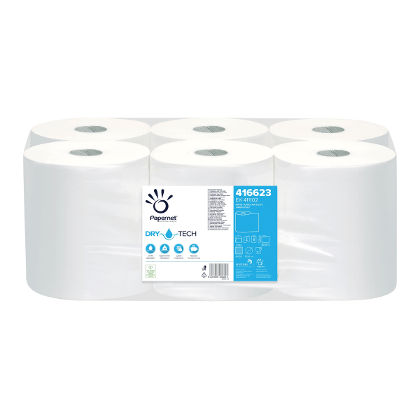 Rola prosop hartie Autocut, Papernet 416623, Dry Tech, alba, 2 straturi, celuloza pura, 100m, 6role/bax, certificat pentru industria alimentara, Food Contact, Ecolabel