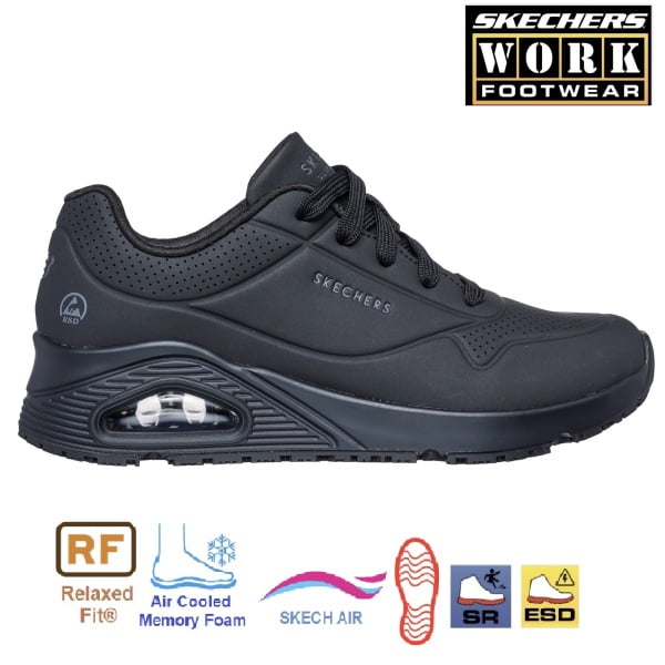 Pantofi ocupationali O1, FO, SRC, ESD, model sport pentru femei, SKECHERS UNO SR,  usori, confortabili, ergonomici, brant Cooled Air Memory Foam, Relaxed Fit, talpa intermediara Skech-Air