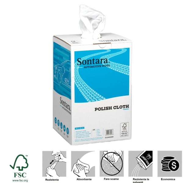 Rola lavete de polisare, finisare, SONTARA® SPS Polish Cloth, pentru stergeri delicate de lustruire pe crom, sticla, suprafete vopsite, fara scame, 36.5 x 40cm, albe, 275 lavete/cutie, D13402269